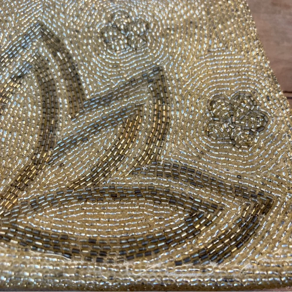 Vintage French DELILL Purse gold beaded lotus flower mini strap dainty art deco